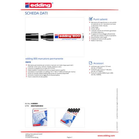 Marcatore permanente edding 800 punta scalpello 4-12 mm nero E-800 001